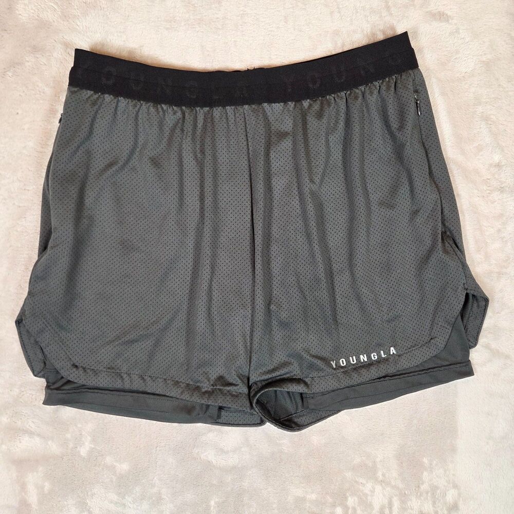 YoungLA Mens M 129 Trilogy Dark Gray Compression Athletic Shorts Lined Gym Train